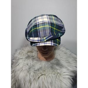 Vintage Perry Ellis Newsboy Blue Green Plaid Snap Visor Cap